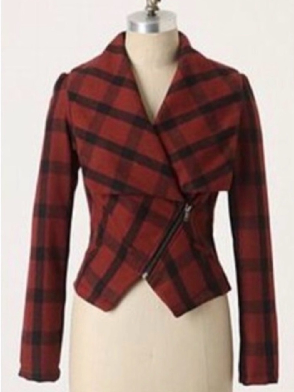 Anthropologie Red and Black Plaid Asymmetrical Zip Jacket